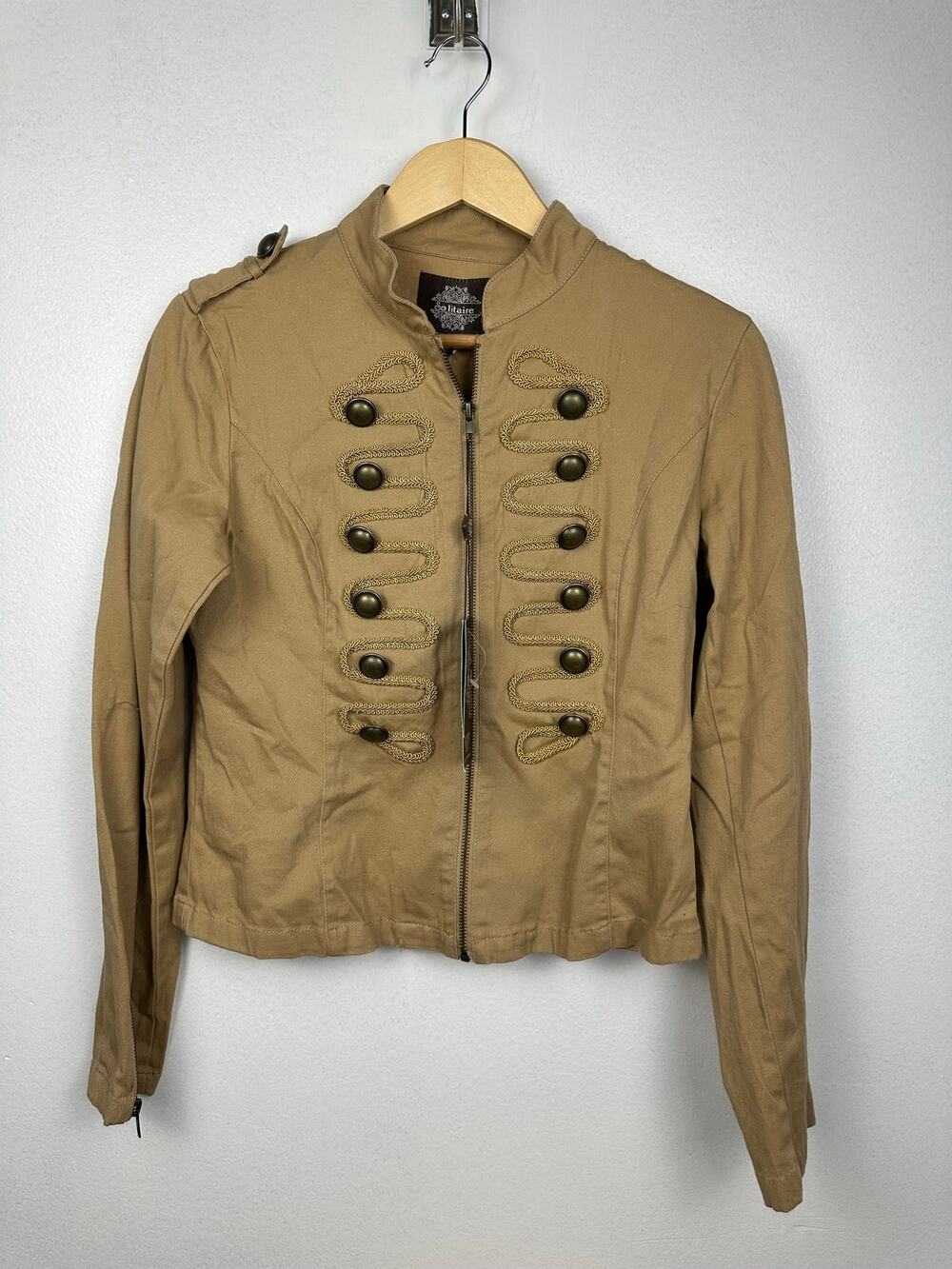 Solitaire Women Tan Military Utility Officer Jacket Braided Gold Trim Medium NWT